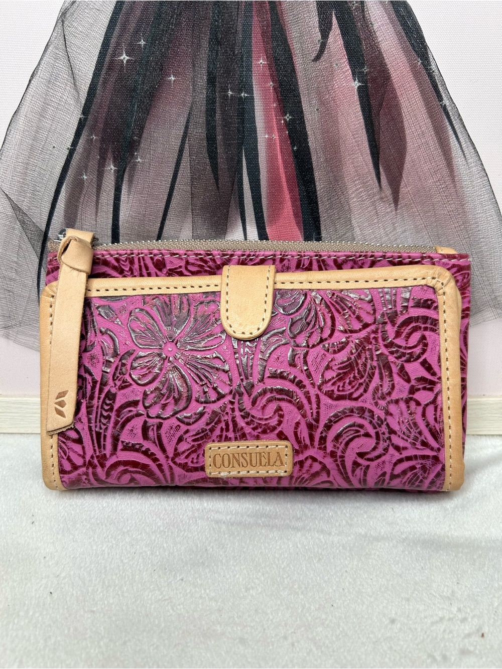 CONSUELA Mena Slim Wallet Fuchsia Pink Tooled Leather